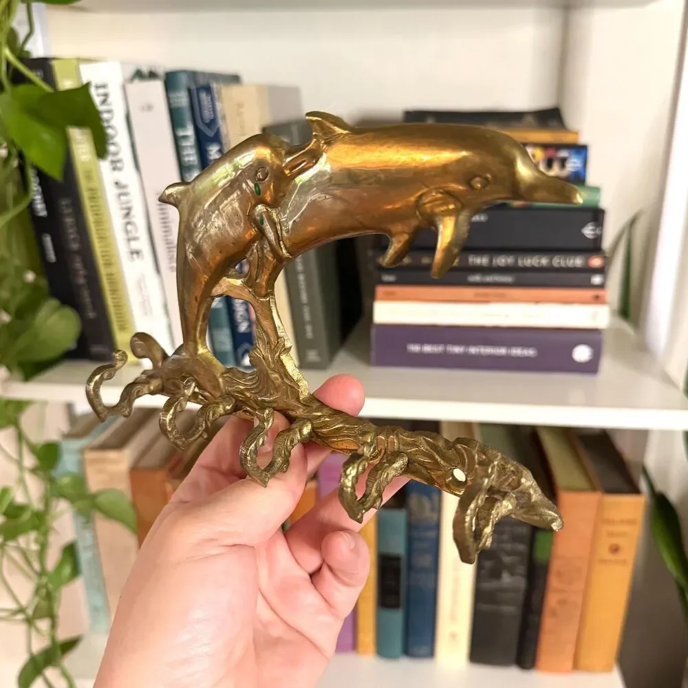 Vintage Solid Brass Dolphin Key Hook Rack / Coastal Nautical Wall Decor
